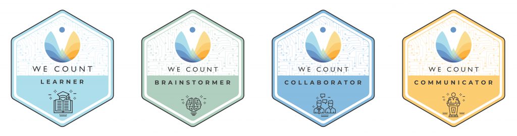 Four tiles representing each of the We Count badges: Learner, Brainstormer, Collaborator and Communicator